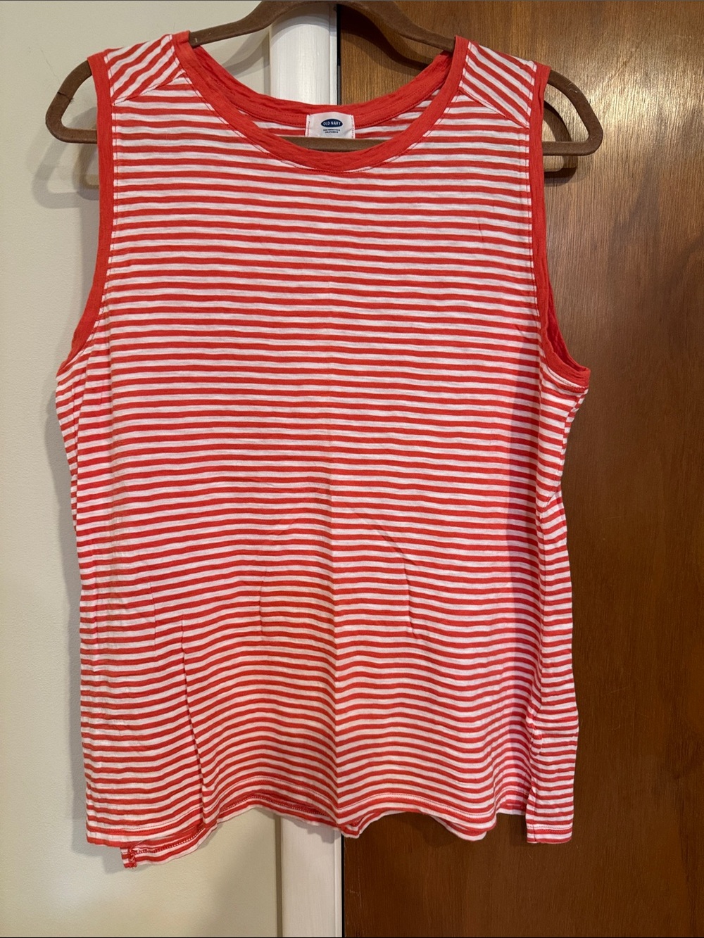 Old Navy Coral and White Striped Crew Neck Tank